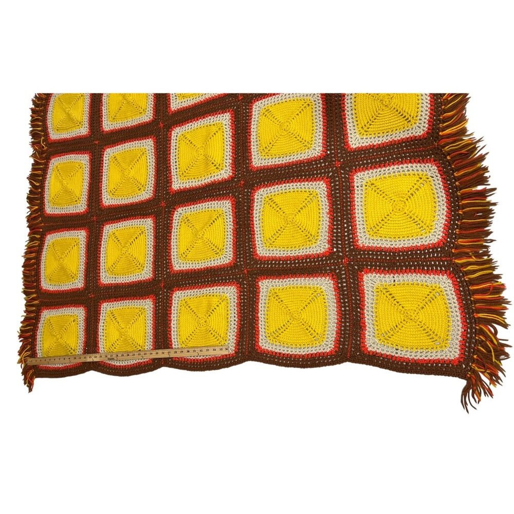 Grannie Square Throw Blanket Handmade Crochet Yellow Brown Fringe 70s Boho - Picture 3 of 4